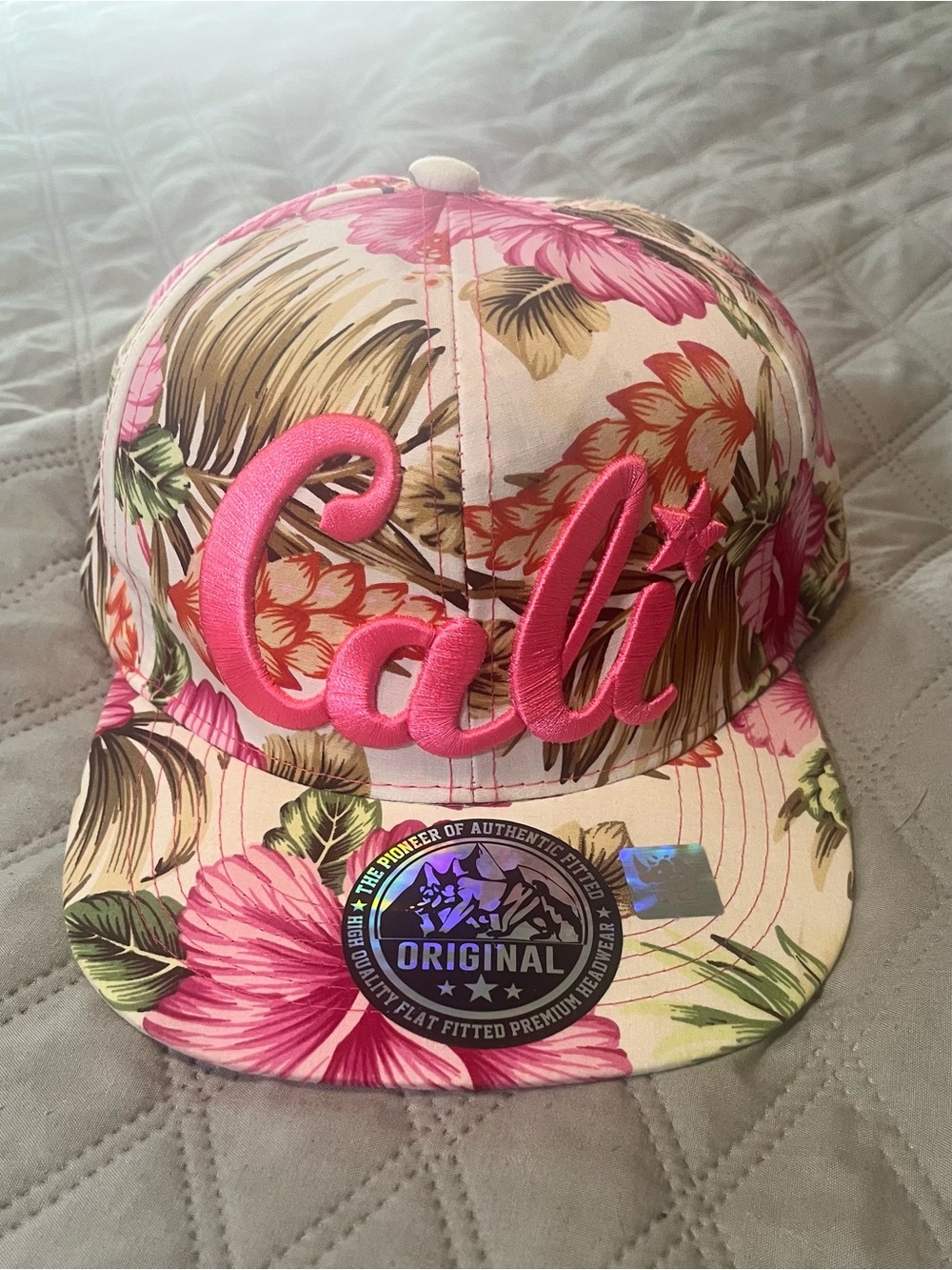 Floral Embroidered Snapback Hat in Pink & Cream
